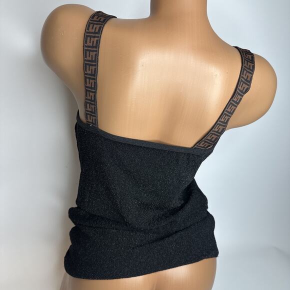Black Metallic Knit Cami Logo Strap Top Y2K Clubwear Stretchy Tank S - Picture 2 of 8